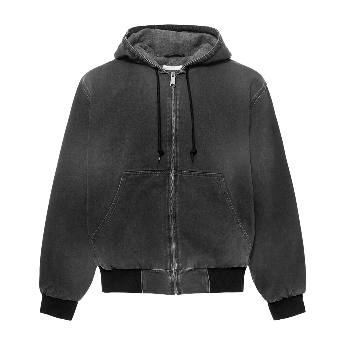 Washed hooded work jacket mockup, front