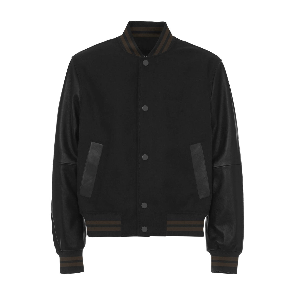 Varsity jacket mockup with leather sleeves, front