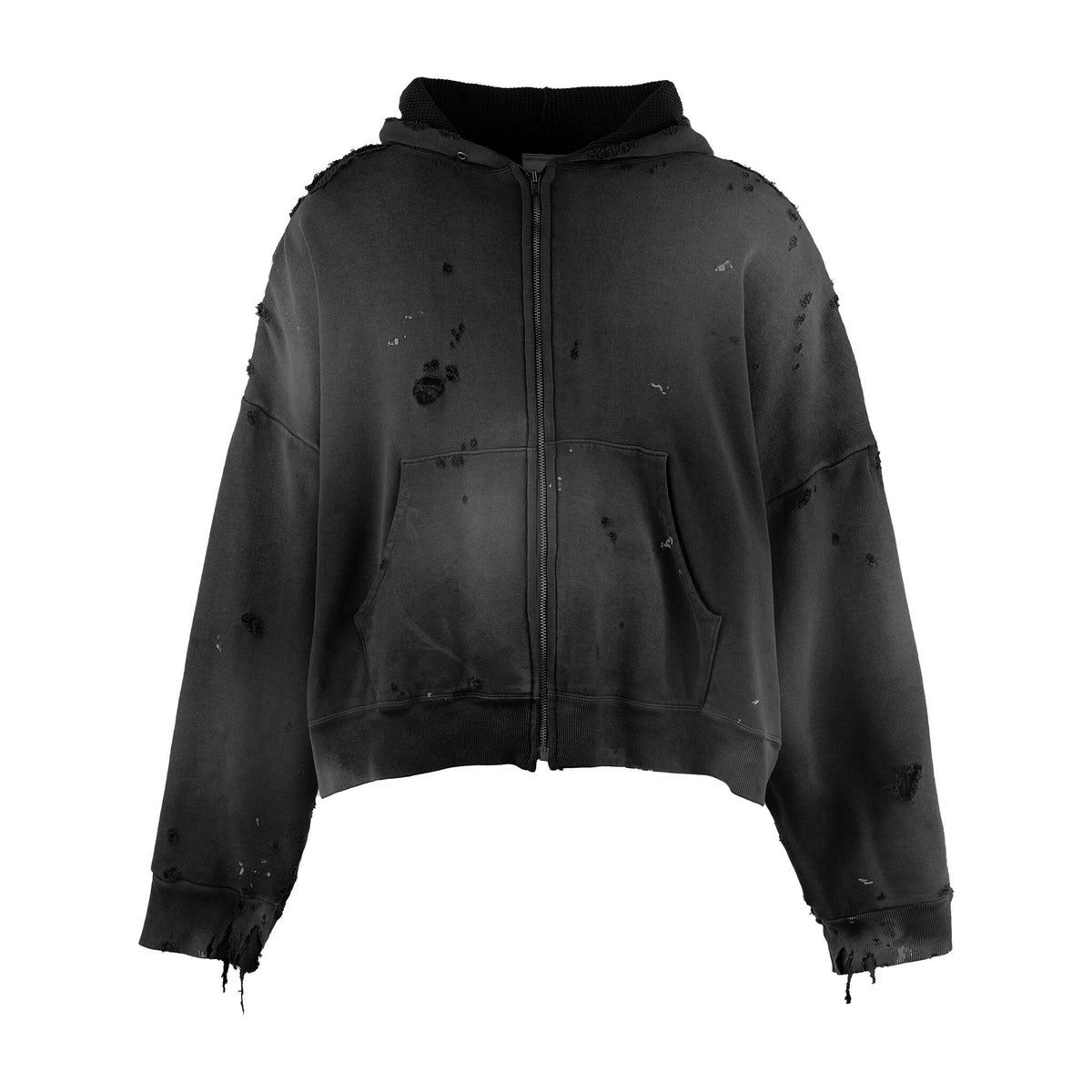 Cropped distressed zip hoodie mockup, front