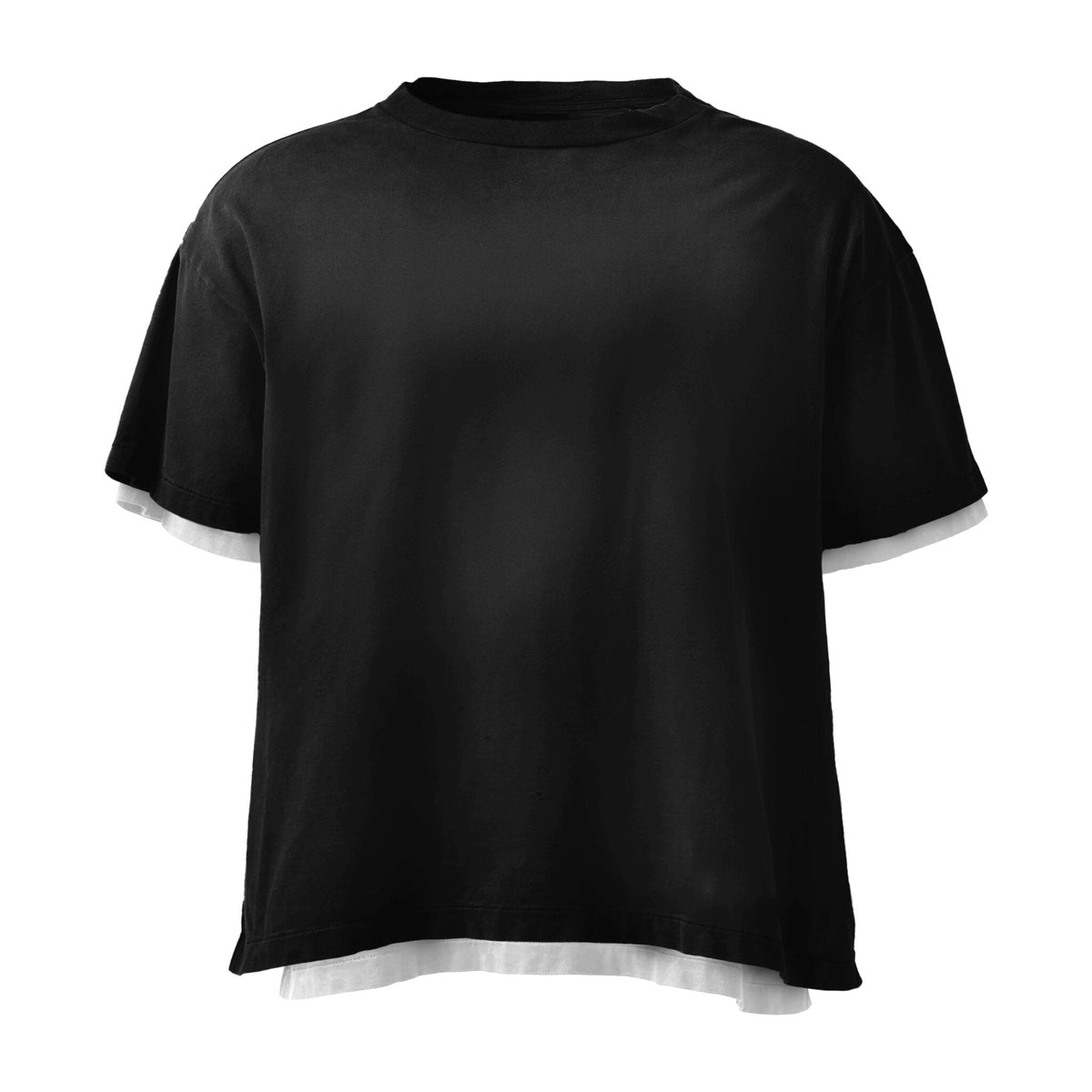 Layered hem tee mockup, black over white
