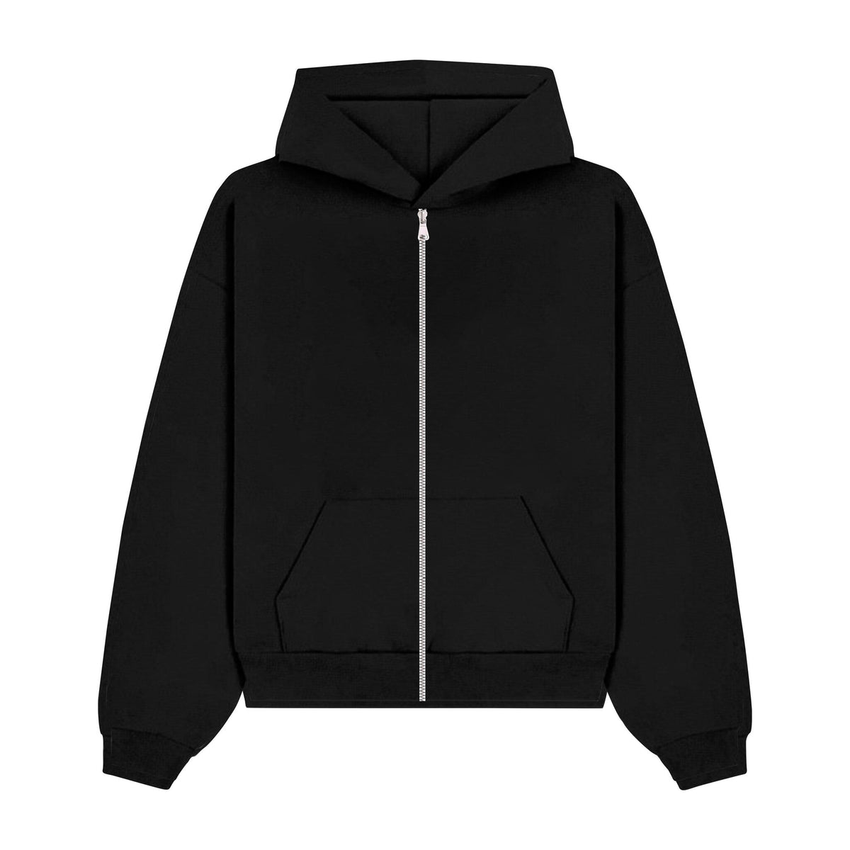 Flat black zip hoodie mockup with contrast zipper